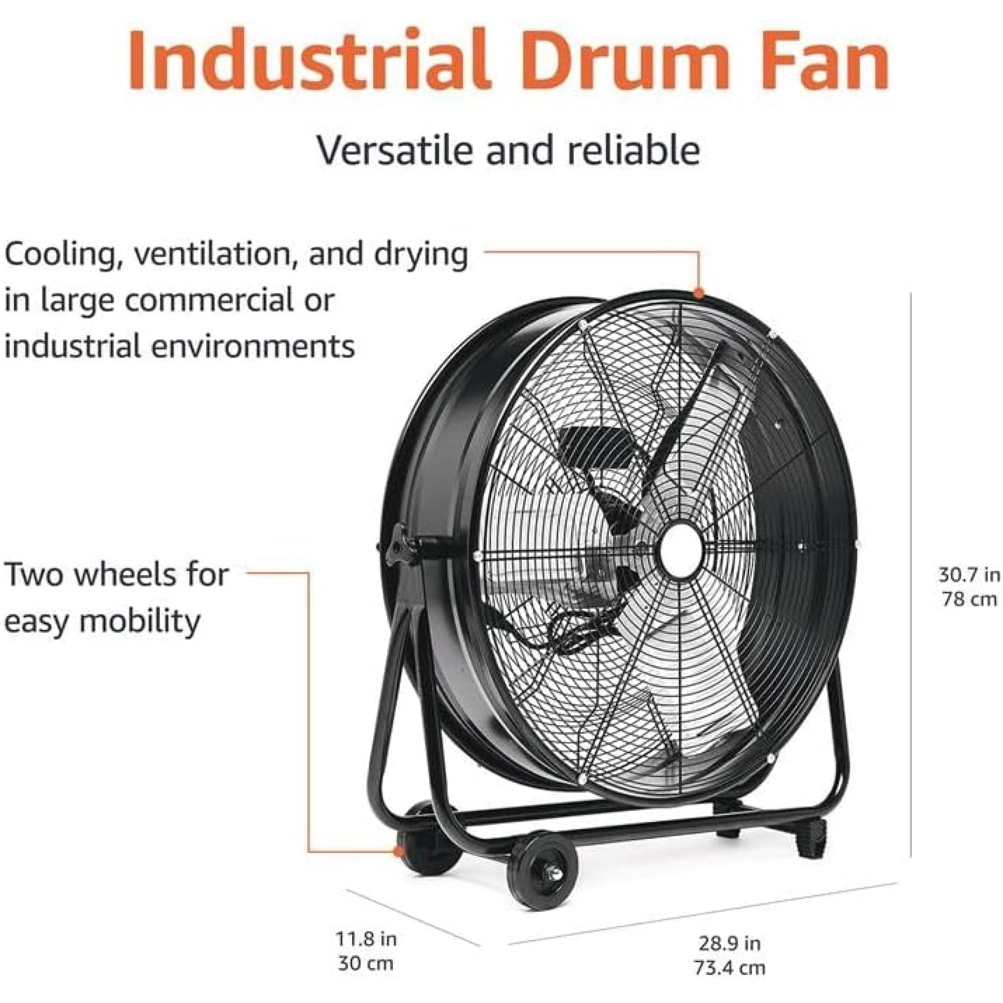 Leumius 24 Inch Heavy Duty Industrial Drum Fan, 2-Speed High Velocity All-Metal Shop Fan with Aluminum Blades, Mobile Tilt Floor Fan for Garage, Workshop, Warehouse & Factory