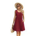 thumbnail image 3 of Loose Beach Vacation Casual Crew Neck Sleeveless Sundresses with Pockets Tank Dress Wine Red S, 3 of 10