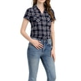 thumbnail image 6 of MODA NOVA Juniors Cotton Boyfriend Button Front Short Sleeves Plaid Shirt XL Dark Blue, 6 of 7