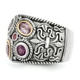 thumbnail image 3 of Two-Tone Sterling Silver Ring Band Gemstone Yellow Rounded Open Back Domed Textured Quartz Oval Purple Rhodolite Garnet Round Pink Tourmaline, 3 of 4