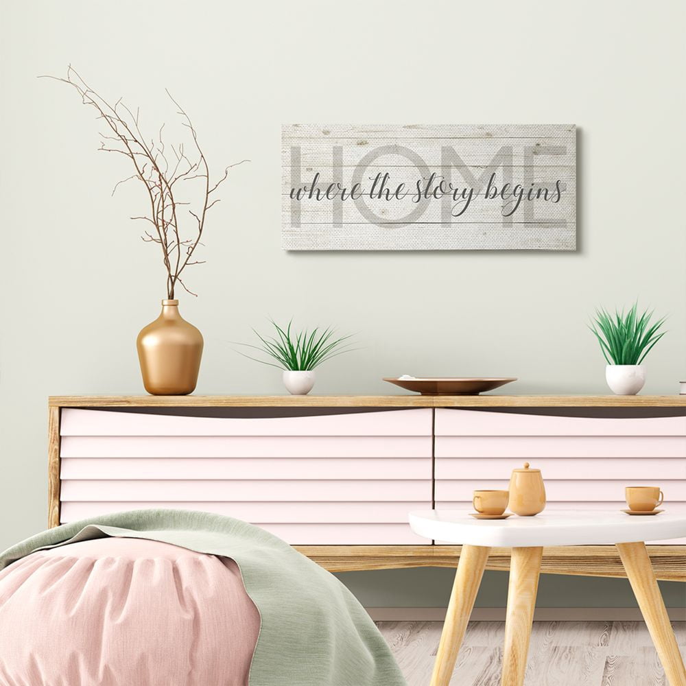 Stupell Industries Story Begins Family Home Inspirational Word Textured Wood Design Canvas Wall Art by Anna Quach