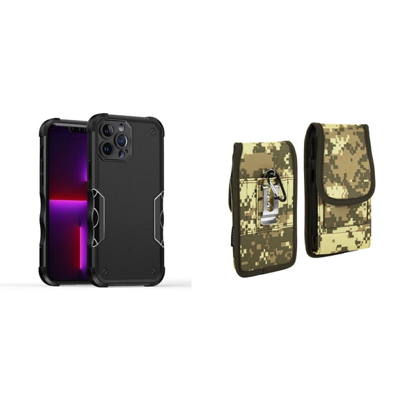 Case with Belt Holster Bundle for iPhone 14 Plus: Slim EX Hybrid Series Shockproof Case (Black) and Vertical Rugged Nylon Phone Pouch (Digital Camo)