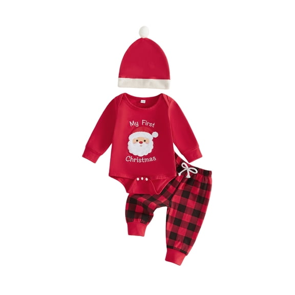 Cjfdfy Newborn Baby Boy Girl Christmas Fall First Christmas Outfit Long Sleeve Romper Plaid Pants And Hat Three-piece Set Infant Cute Santa Claus Pattern Clothes Set