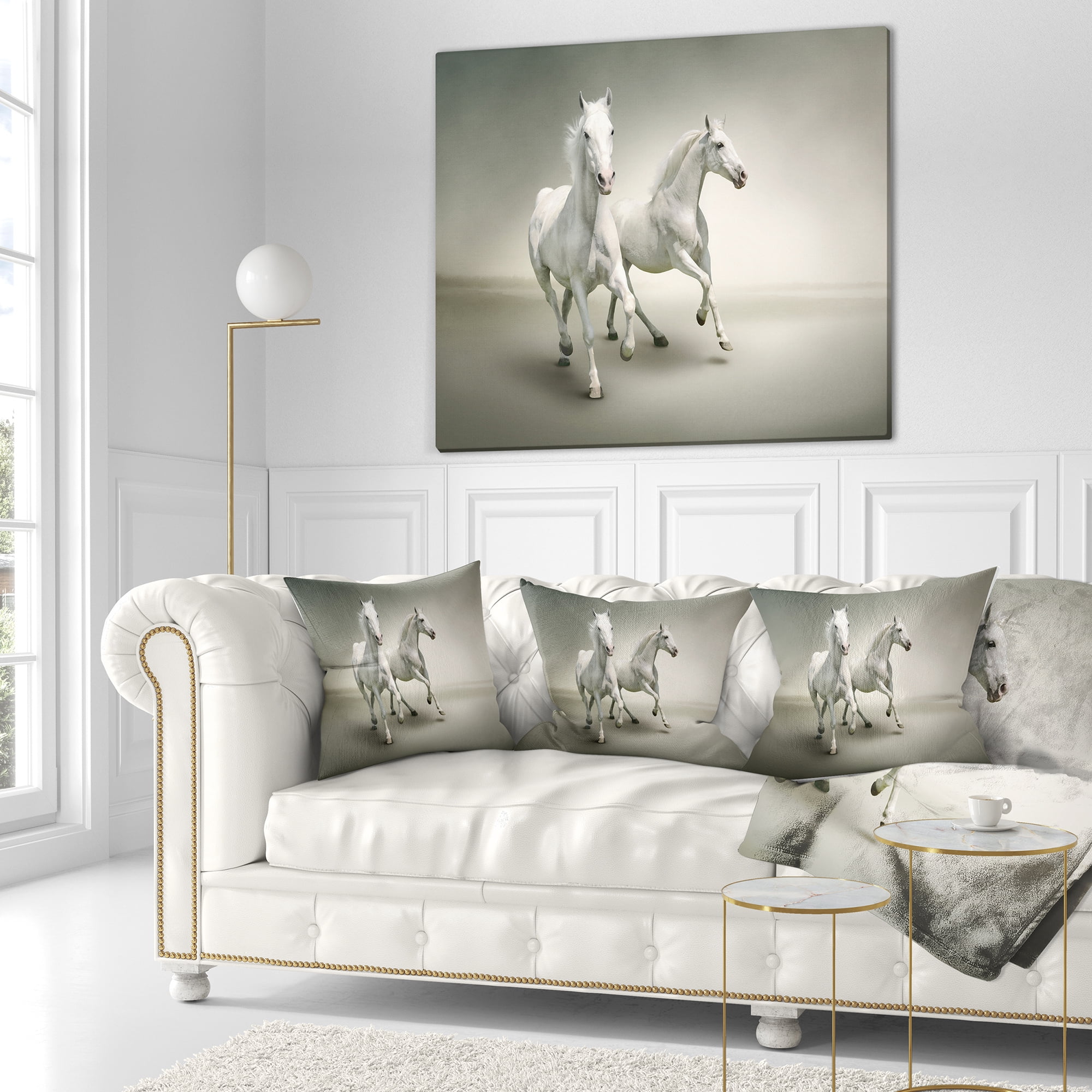 Designart Fast Moving White Horses - Animal Throw Pillow - 18x18