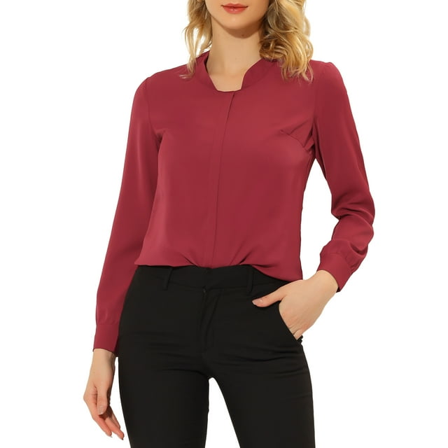 INSPIRE CHIC Blouse de Travail en Chiffon à Manches Longues Unie pour Femmes TG Rouge Vin