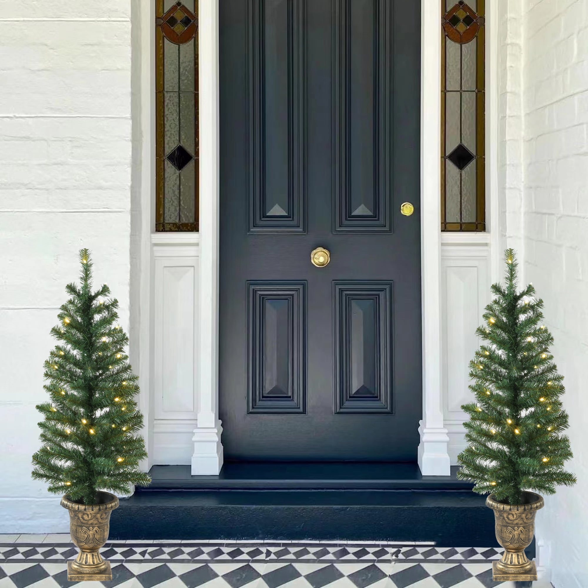 3.5' Pre-Lit Artificial Porch Christmas Trees with LED Lights, 2 Count, by Holiday Time