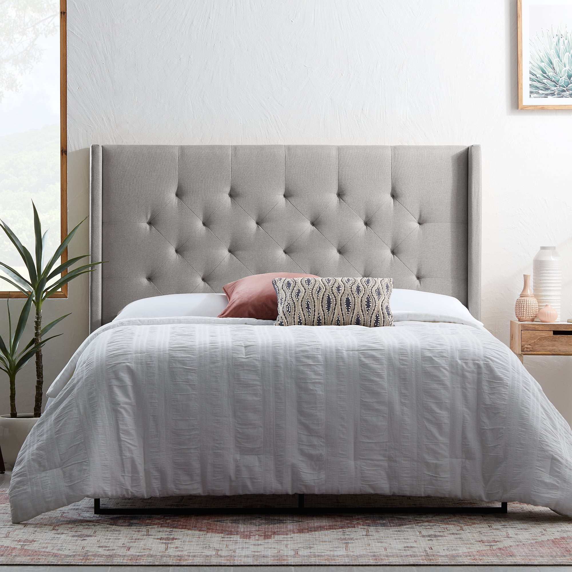 Rest Haven Providence Tufted Wingback Upholstered Headboard, Full, Gray