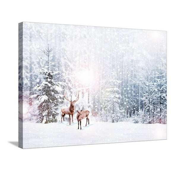 Forest in the Frost Winter Landscape Snow Covered Trees Deer, Animals Scenic Stretched Canvas Wall Art by Shutova Elena Sold by ArtCom