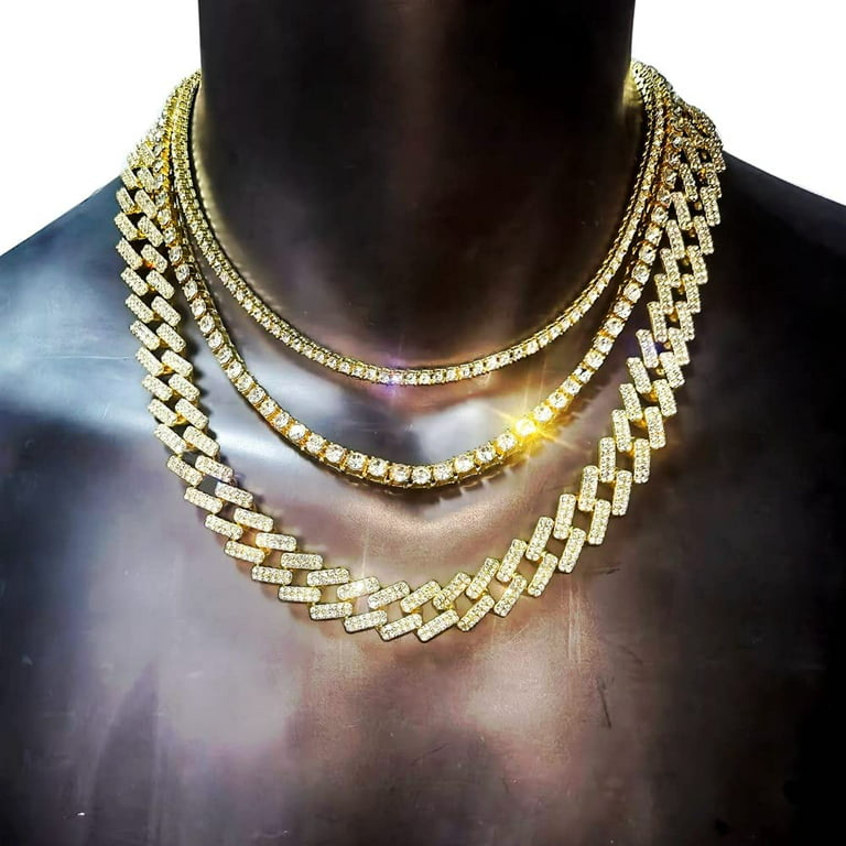HH Bling Empire Gold Tennis and Cuban Link Chain for Men,Iced Out Mens  Diamond Cuban Chain Necklace Sets,Hip Hop Rapper Jewelry Chains,3 Pcs  18/20/24 Inch (Set D-Gold) 