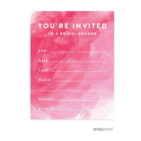 Blank Invitations - Pink Watercolor Wedding Blank Bridal Shower Invitations with Envelopes, 20-Pack