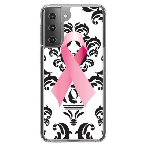 DistinctInk Clear Shockproof Hybrid Case for Galaxy S21  PLUS 5G (6.7" Screen) - TPU Bumper, Acrylic Back, Tempered Glass Screen Protector - Black Damask Pink Ribbon - Breast Cancer Awareness