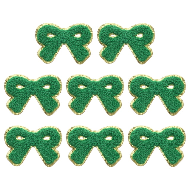 Uxcell 8 Pcs Parches de Lazo Verde de Chenille, Parches de Planchar con Bordes Dorados, Parches de Aplicación para Manualidades de Ropa, Sombreros, Mochilas, Vestidos, Pantalones, Jeans