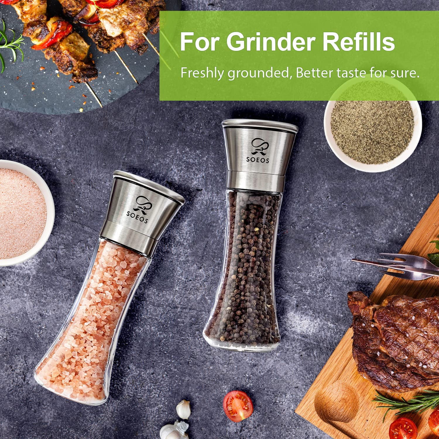 Soeos Himalayan Pink Salt 39oz + Whole Black Peppercorns 18oz, Kosher, Pink Salt and Peppercorn, Salt and Pepper for Grinders Refill, Fresh Flavor Spice and Seasoning Set