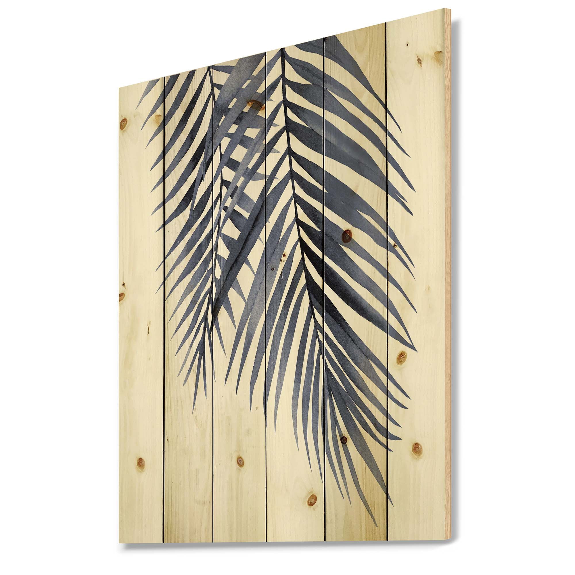 Designart 'Abstract Blue Palm Leaves Tropical Branches' Traditional Print on Natural Pine Wood