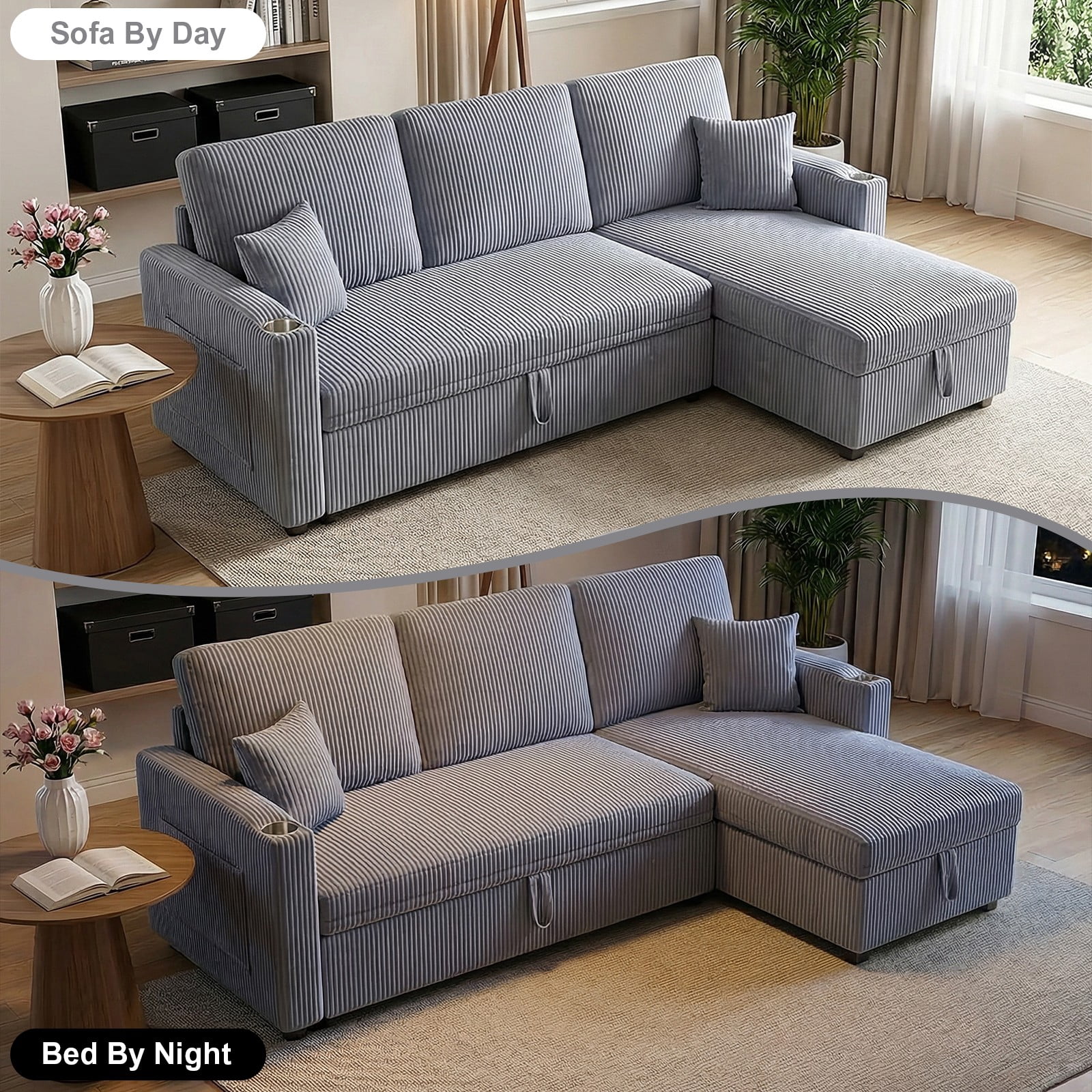 LLappuil Sectional Sofa, 84" Sectional Couch with Storage Chaise, Small Desktop, Cup Holders, Charging Port Convertible Sofa Bed, Corduroy Pull Out Sofa Bed for Living Room Gray