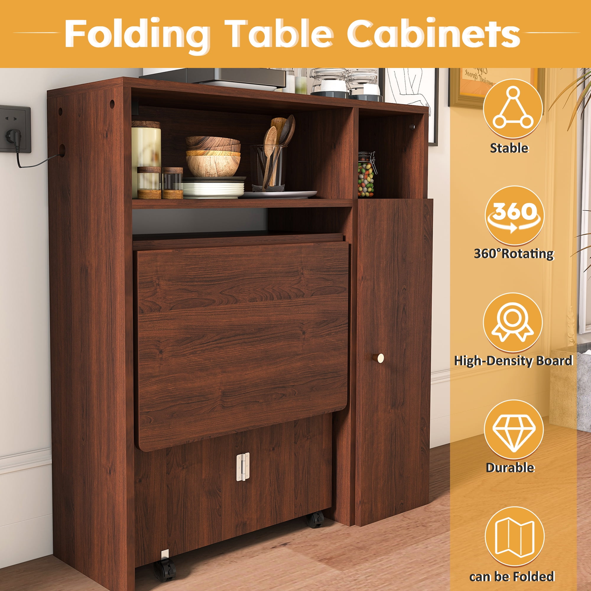 Aukfa Folding Dining Table for 4, Kitchen Extendable Table with Wall-Mounted Sideboard & Power Outlet for Small Apartments,Walnut