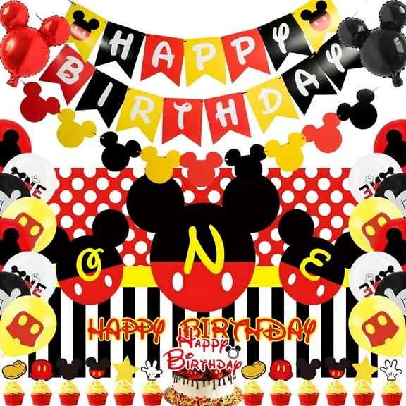 1st Mouse Birthday Party Supplies Decorations 57Pcs - HAPPY BIRTHDAY Backdrop and Banner 'ONE' Foil Balloon Balloons Hat Door Sign Cupcake Toppers Birthday Decorations for Boys Gir-ls Ki-ds Babies