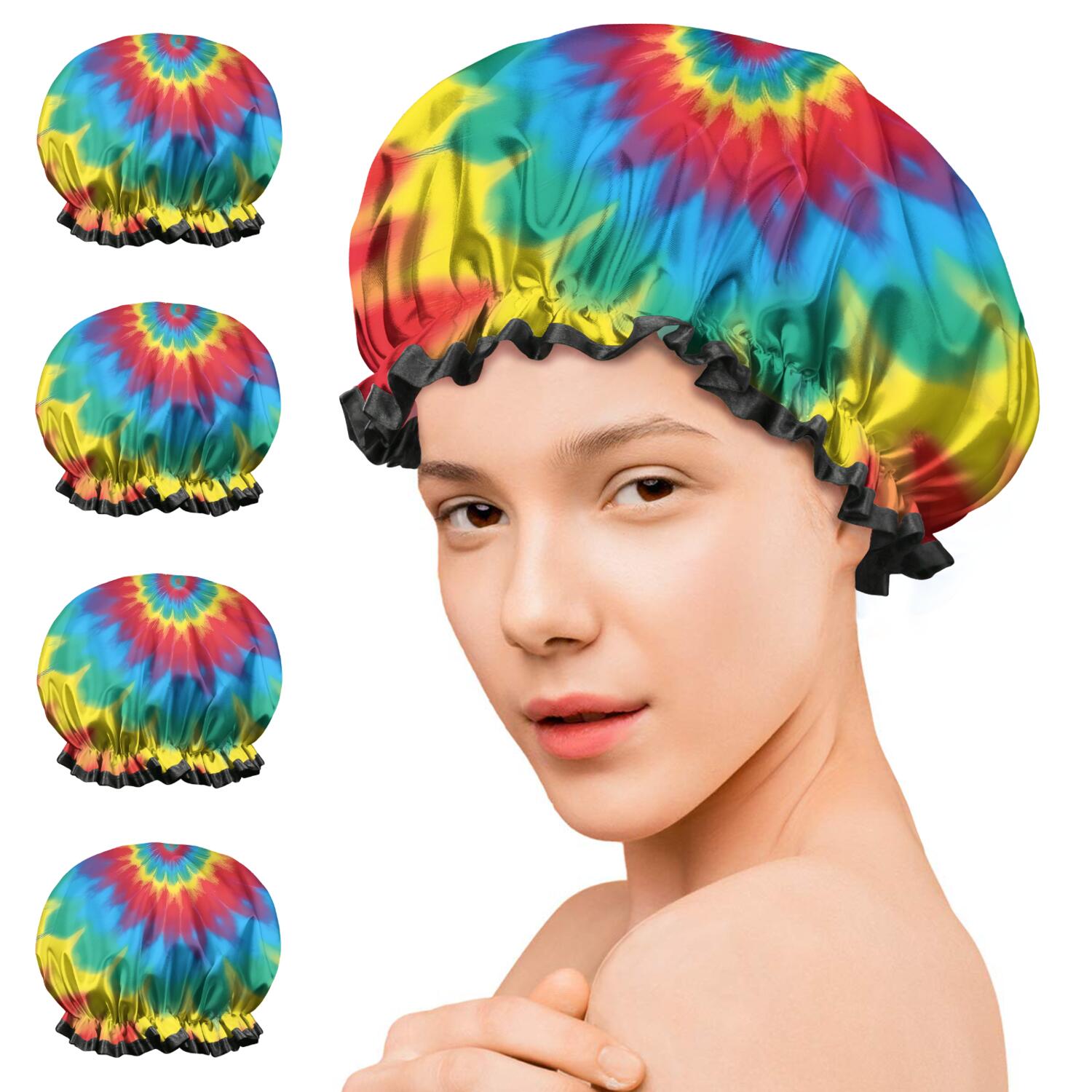 Shower Caps,Colorful Tie Dye Mandala Pattern Waterproof Shower Cap for Women 4 Pieces,Double Reusable Hair Cover for Shower PEVA Elastic Stretch Hem
