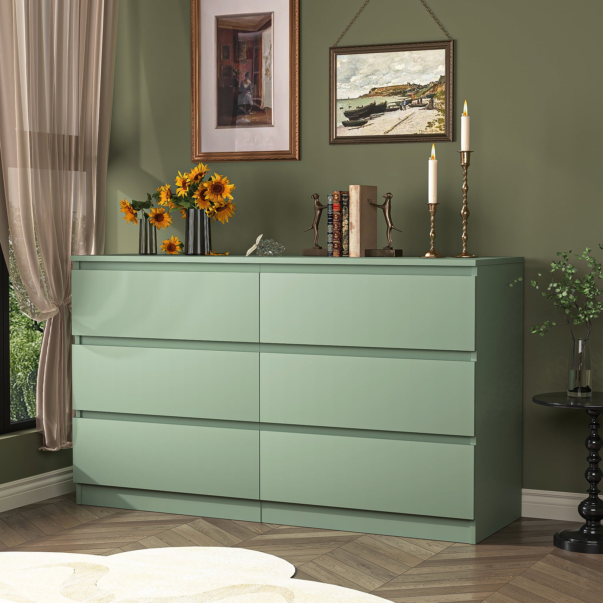 Kadyn Green Chest of Drawer, 6 Double Drawer Dresser for Bedroom, Modern Storage Cabinet for Living Room, Nursery Dresser Kadyn Green Chest of Drawer, 6 Double Drawer Dresser for Bedroom, Modern Storage Cabinet for Living Room, Nursery Dresser