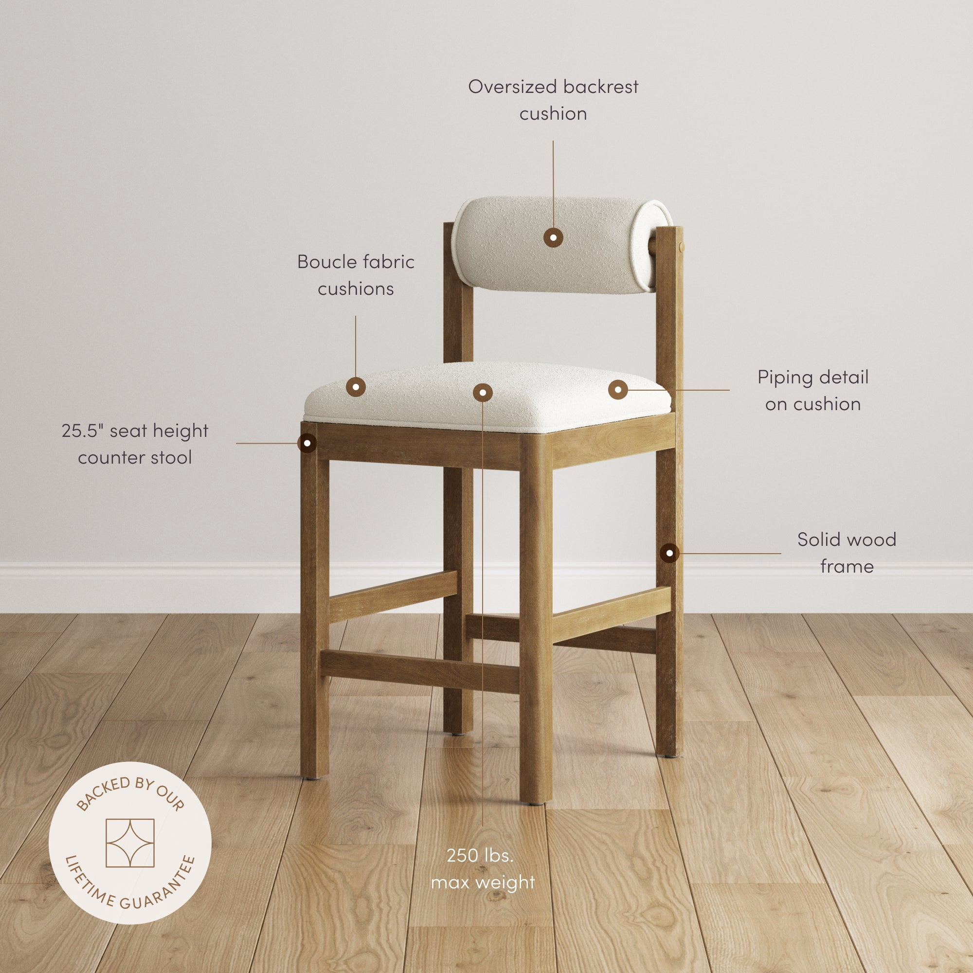 Nathan James Kimberly Modern Counter Stool with Solid Wood Legs, Boucle Upholstered Counter Height Stool with Bolster Back, Cream Boucle/Light Brown