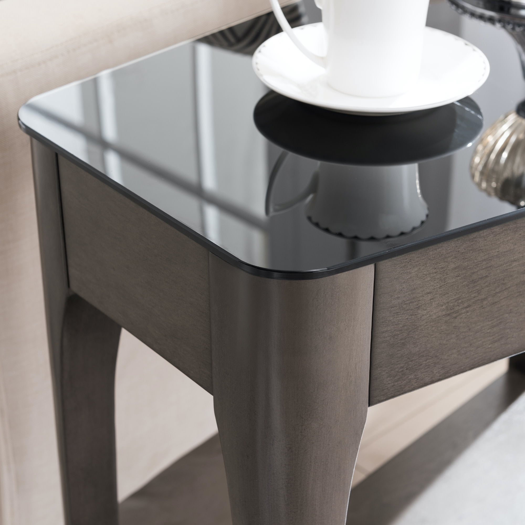 Leick Home Obsidian Solid Wood Recliner Wedge Glass Top End Table with Shelf, Smoke Gray/Black