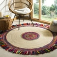 thumbnail image 1 of Safavieh Cape Cod Collection CAP205A Handmade Boho Fringe Jute & Cotton Area Rug, 6' x 6' Round, Ivory / Red, 1 of 4