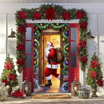 Taicans Christmas Door Cover Santa Claus Design 35×71in Waterproof PVC Holiday Decorations for Front Door,Christmas Wreath,Snowflakes,Ornaments,Winter Wonderland Theme