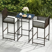 Costway 3 PCS Patio Bar Set Wicker Table & Armchairs with  2 Cushions & Glass Tabletop