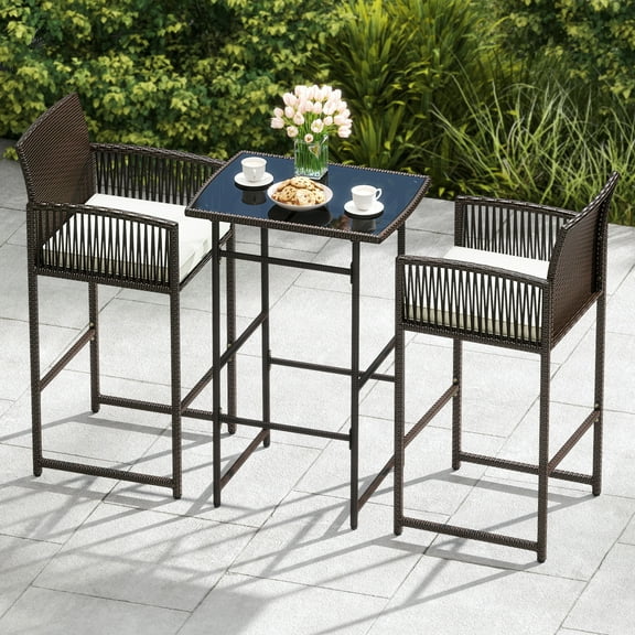 Costway 3 PCS Patio Bar Set Wicker Table & Armchairs with  2 Cushions & Glass Tabletop