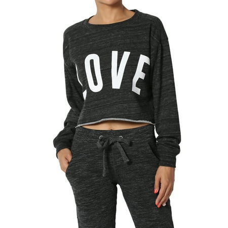 Dolman Crop - TheMogan Junior's LOVE Print French Terry Long Sleeve Raw Hem Cropped Pullover Top