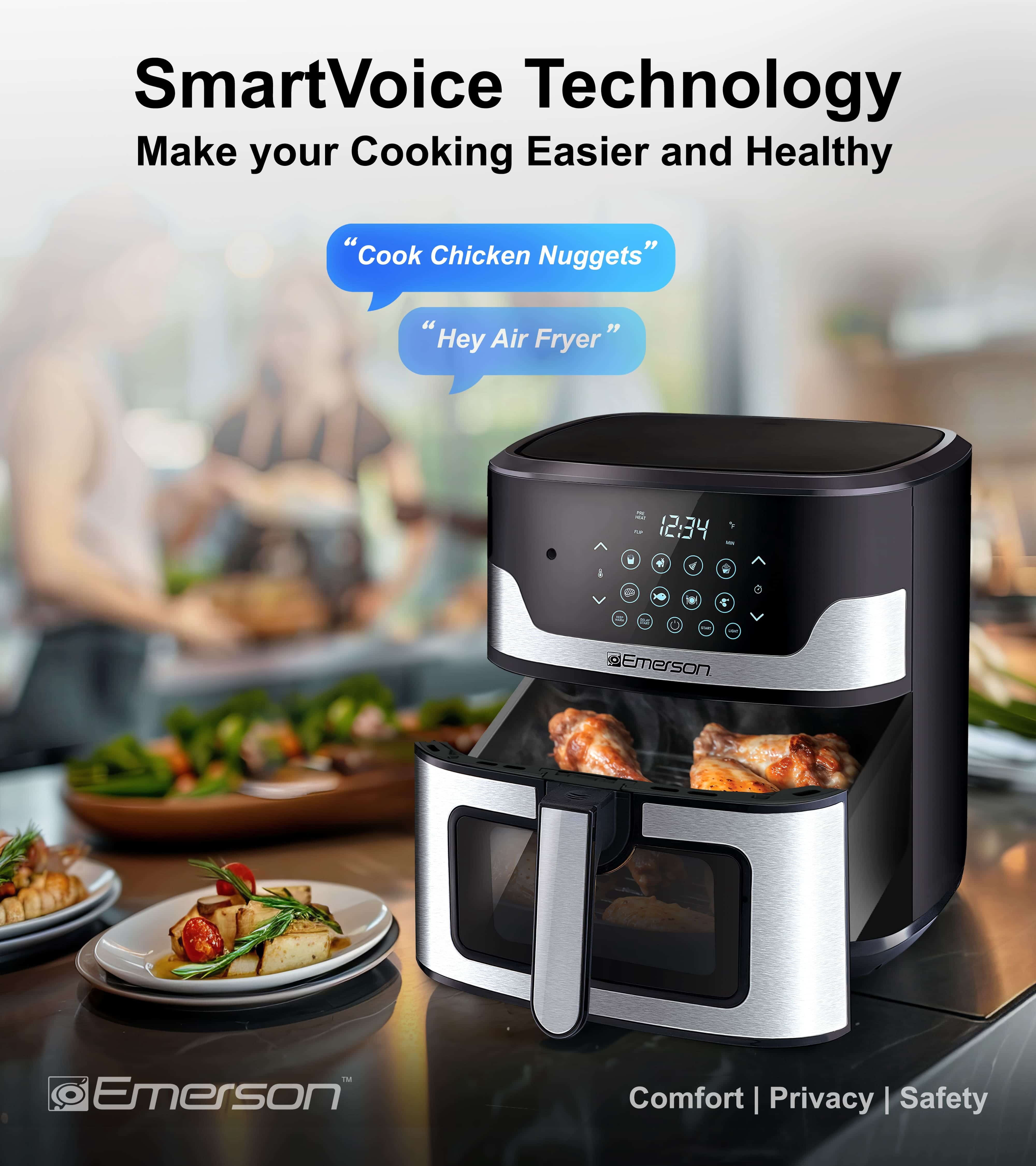 Emerson SmartVoice 5.3QT 6-in-1 Air Fryer, 1K+ Voice Control Commands, 100+ Recognized Food, No APP, No WIFI, Air Fry, Bake, Reheat, Dehydrate, 1500W