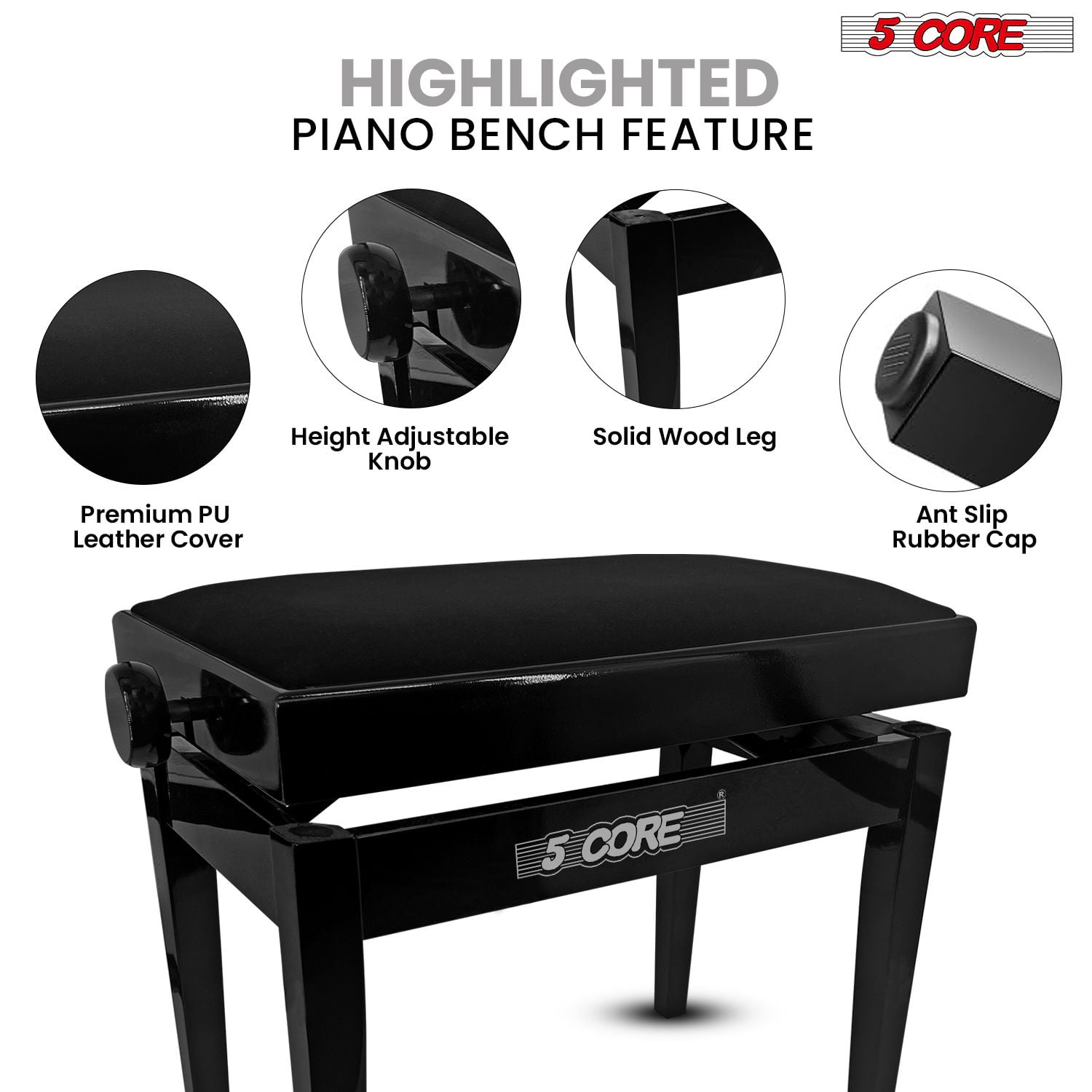 5 CORE Adjustable Piano Bench Thick 3.25" Padded Solid Wood Keyboard Bench Heavy Duty Stool Super Stable Musician Chair