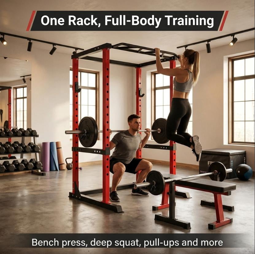 Red Heavy-Duty Steel Squat Rack Adjustable Multifunctional Power Cage for Home Garage Gym Fitness Training