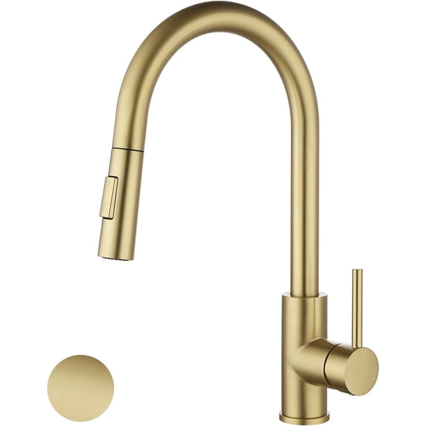 Grifo de cocina con rociador desplegable, material de acero inoxidable de arco alto, sin placa de cubierta, apto para cocina de 1 orificio, oro cepillado