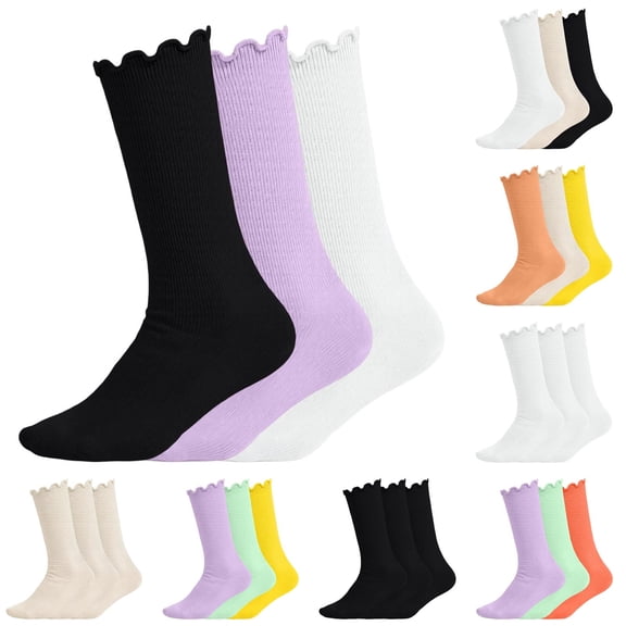 MKOSPLRT 6-14 Years Big Girls Socks 3 Pairs Toddlers Ruffle Sock Girl's Knee-High Stockings Kids Cozy Warm Solid Color Long Socks