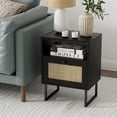 thumbnail image 3 of Rattan Nightstand,Modern Boho Farmhouse  Bedside Table with Storage Drawer and Open Shelf,Small Black Frame Side End Table for Bedroom,Living Room,Office (Black), 3 of 6