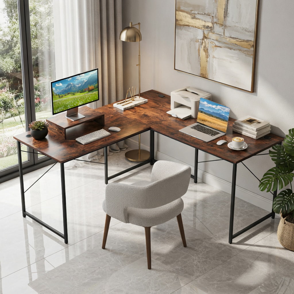 Demi Bonn 95" 2-Person L-Shaped Long Reversible Computer Desk with Monitor Stand, Small Home Office Desk Study Writing Table, Rustic Brown