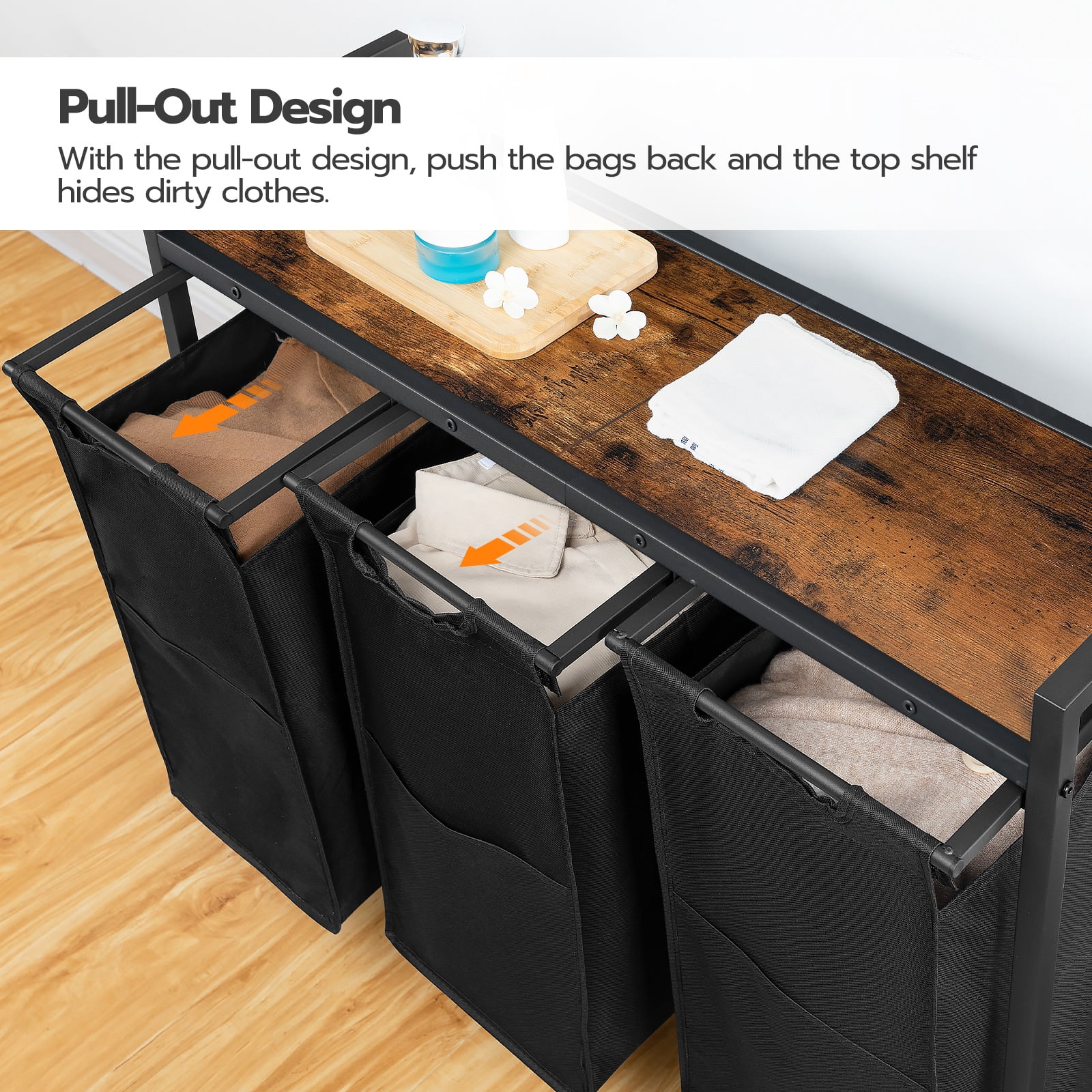 HOOBRO 3-Section Laundry Sorter with Wheels and Removable Bags, Rustic Brown and Black