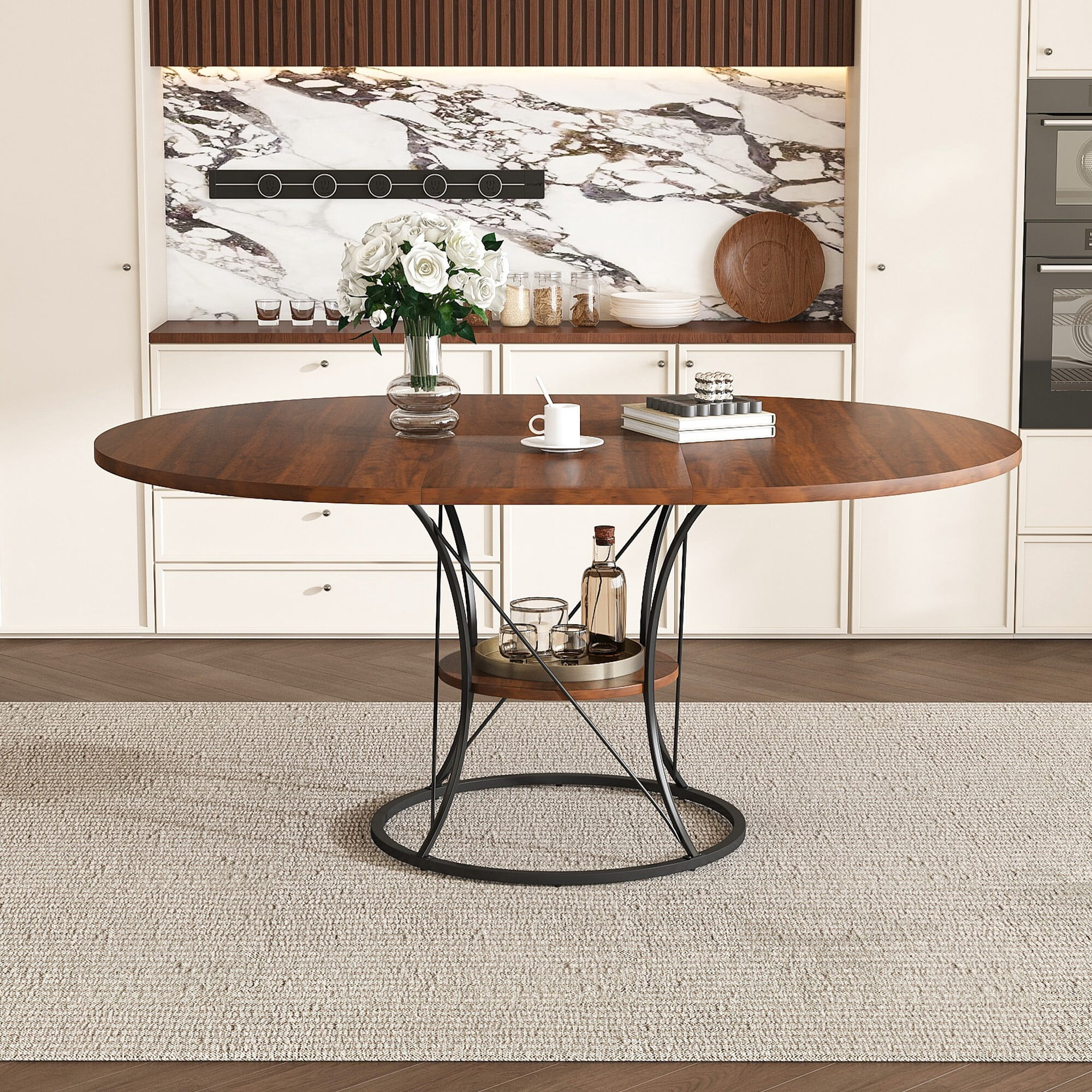 AENKYO 43"-59" Expandable Round Dining Table with Storage, Walnut Top & Black Hourglass Metal Base, Seats 4-6