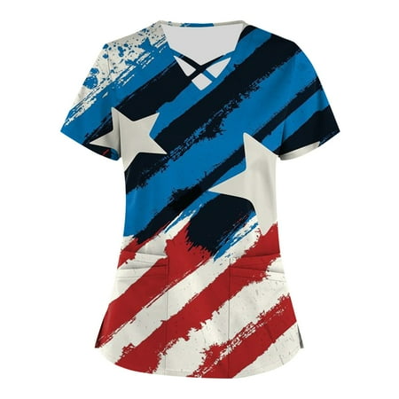 

HIMIWAY Plus Size Independence Day Printed Scrub Working Uniform Tops For Women Cross V-Neck Short Sleeve Fun T-Shirts Workwear Tee With Pockets