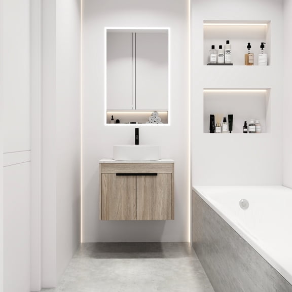 24" Wall Mounted Bathroom Vanity. White Oak Vanity With Ceramic Basin And Soft Close Door Storage Basin. In Oak. User- & Ample