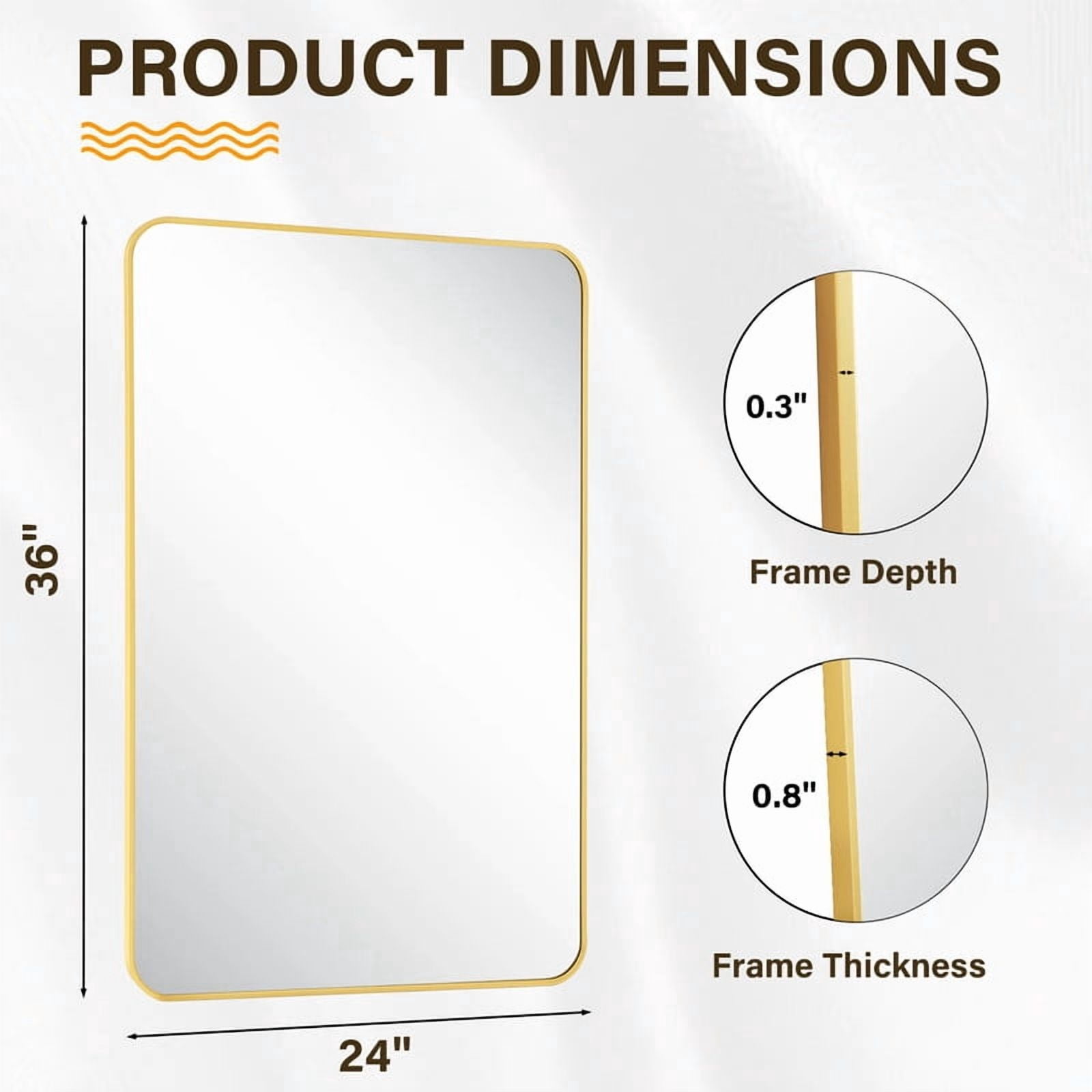 Easy4Home 36"x24" Rectangular Bathroom Mirror Hanging Rounded Corners Vanity Mirror Wall Mounted, Gold