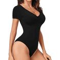 thumbnail image 4 of MLDRA 2 Pack Women Body Suit Deep V Neck Short Sleeve Bodysuits Summer Lightweight Tops Black and White, 4 of 7