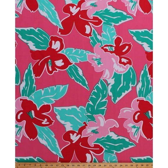 60" Tropical Hawaiian Flowers Hibiscus Bold Floral Large Scale Leaf Leaves Pink Cotton Fabric Print by the Yard (8447M-4M)