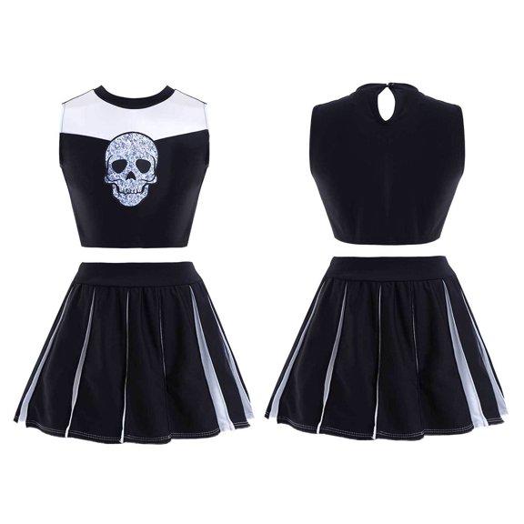 YONGHS Kids Girls Halloween Cheerleading Outfits Sleeveless Crop Tops Pleated Skirt Set
