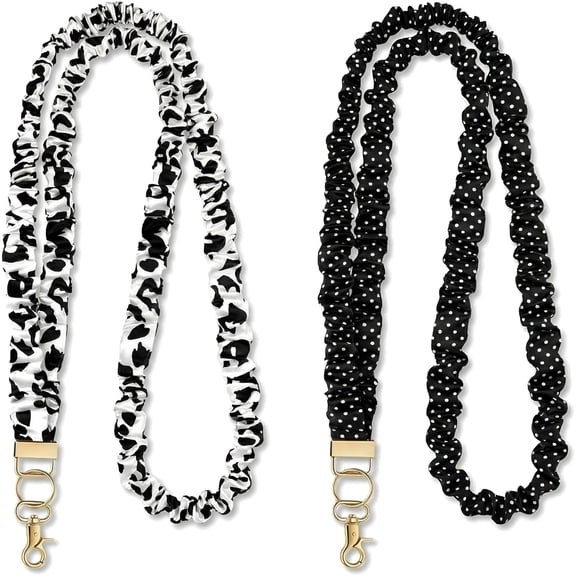 CCOCC 2pcs Checkered Scrunchie Lanyard, Soft Black Checkered Scrunchie Lanyard for Id Badges and Keys, Cute Elastic Stretchy Neck Strap for Teachers