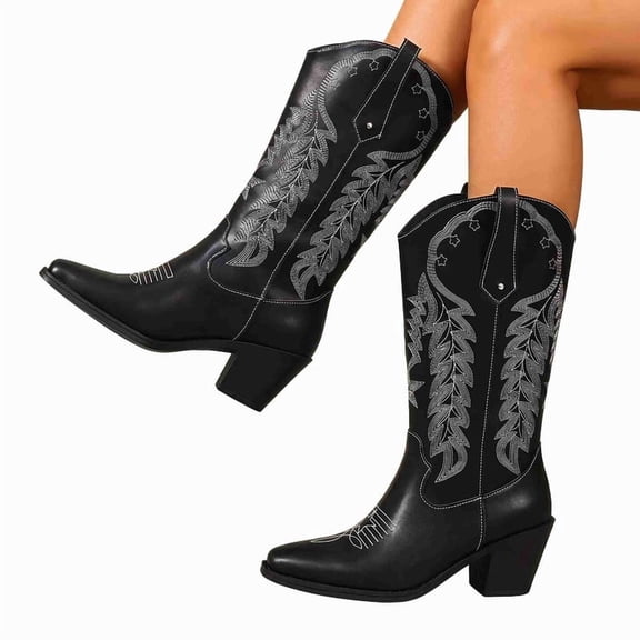 Women's Mid-Calf Western Cowboy Boots with Embroidered Design, Pull On Style Pointed Toe & Block Heel