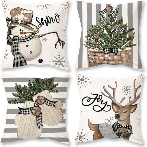 Christmas Stripes Pillow Covers 18x18 Set of 4 Snowman Reindeer Gloves Throw Pillows Winter Holiday Decoration Cushion Case for Sofa Couch Home Decor