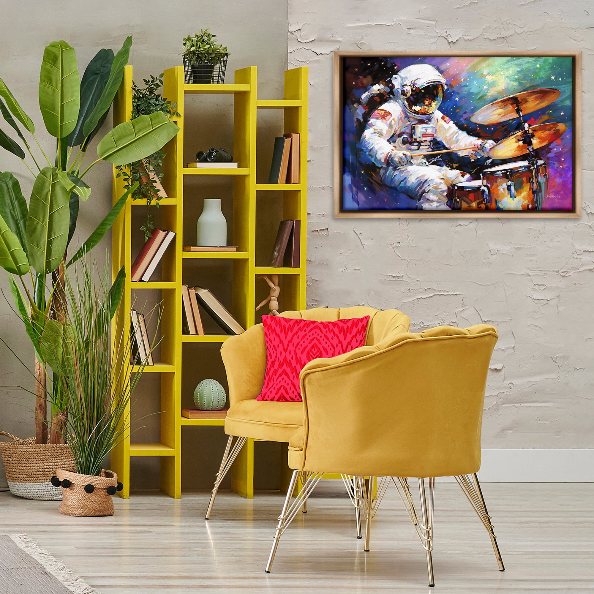 Stupell Industries Cosmic Drummer Musician Astrology & Stars Painting Brown Floater Framed Canvas Art Print Wall Art, 31 x 21