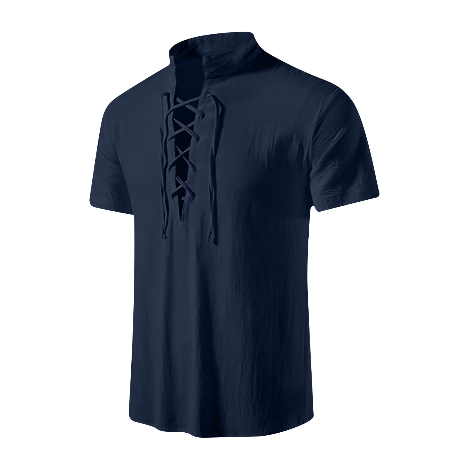 JURANMO Men's Cotton Linen Shirts V Neck Vintage Lace Up Tie Short